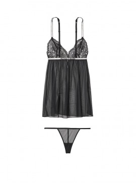 Докладніше про Розкішний пеньюар Lace And Sheer Mesh Shine Strap від Victoria&#039;s Secret - Black