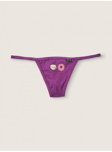 Хлопковые трусики-стринги Victoria's Secret PINK - Virtual Violet With Embroidery