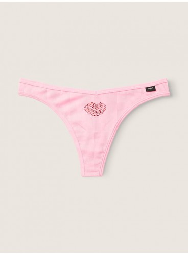 Хлопковые трусики-стринги Victoria's Secret PINK - Pink Daisy with V-Day Diamantes