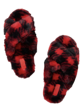 Фото Мягенькие тапочки Criss Cross Faux Fur Slides от Victoria's Secret PINK - Red Pepper Plaid Print