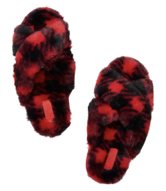 Мягенькие тапочки Criss Cross Faux Fur Slides от Victoria's Secret PINK - Red Pepper Plaid Print