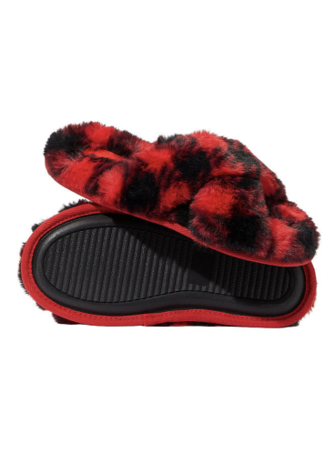 Мягенькие тапочки Criss Cross Faux Fur Slides от Victoria's Secret PINK - Red Pepper Plaid Print